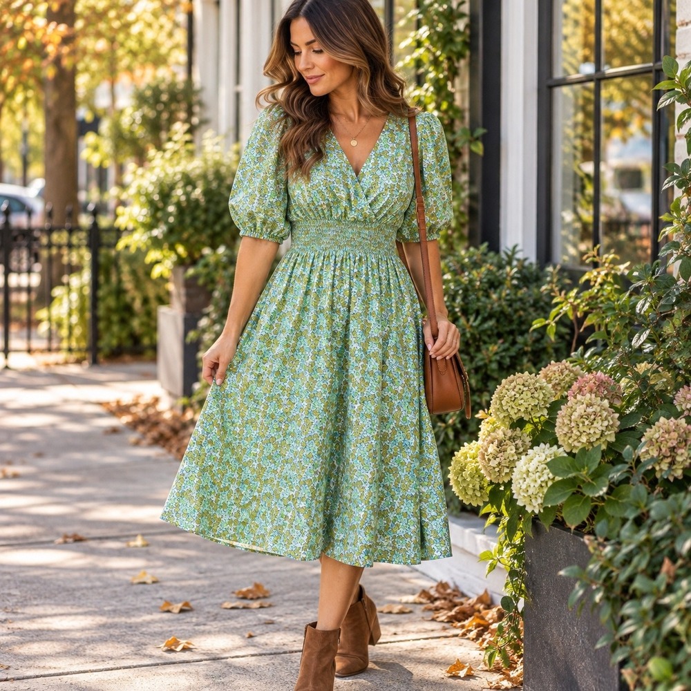 ON 34th Floral Midi Dress M Green Smocked Waist Puff Sleeve Cottagecore